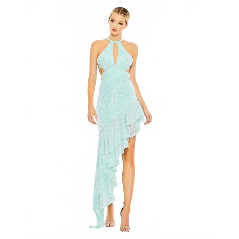 MAC DUGGAL Sequined Halter Cut Out Ruffle Asymmetrical Dress Size 4